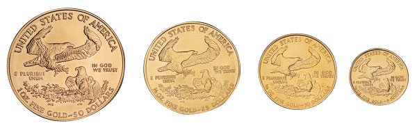 Grössenvergleich American Eagle Goldmünzen Zahlseite 1oz, 1/2oz, 1/4oz, 1/10oz Grössenvergleich American Eagle Goldmünzen Zahlseite 1oz, 1/2oz, 1/4oz, 1/10oz