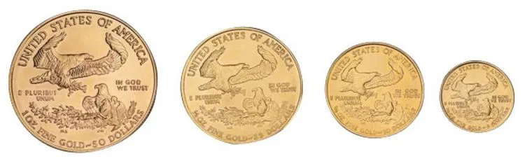 Grössenvergleich American Eagle Goldmünzen Zahlseite 1oz, 1/2oz, 1/4oz, 1/10oz Grössenvergleich American Eagle Goldmünzen Zahlseite 1oz, 1/2oz, 1/4oz, 1/10oz